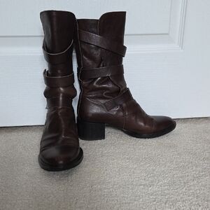COCLICO Dark Brown Leather Combat Block Heel Boots w Velcro Closure Straps